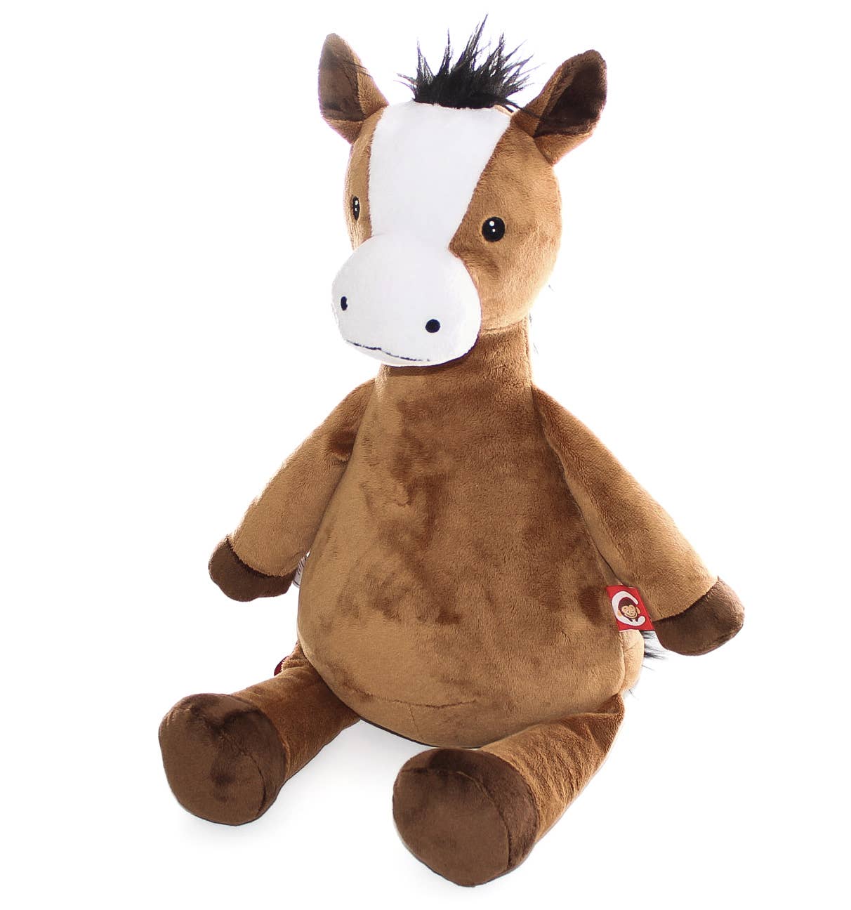 Kuscheltier Pferd personalisiert mit Namen bestickt, freigestellt auf weißem Hintergrund seitlich gestellt