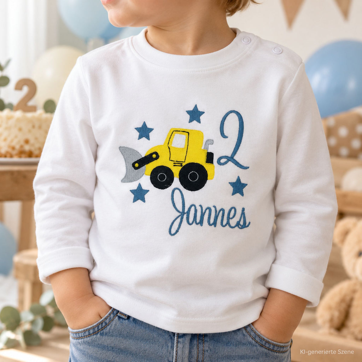 Kind trägt personalisiertes Geburtstagsshirt mit Bagger, Zahl 2 und Name Jannes