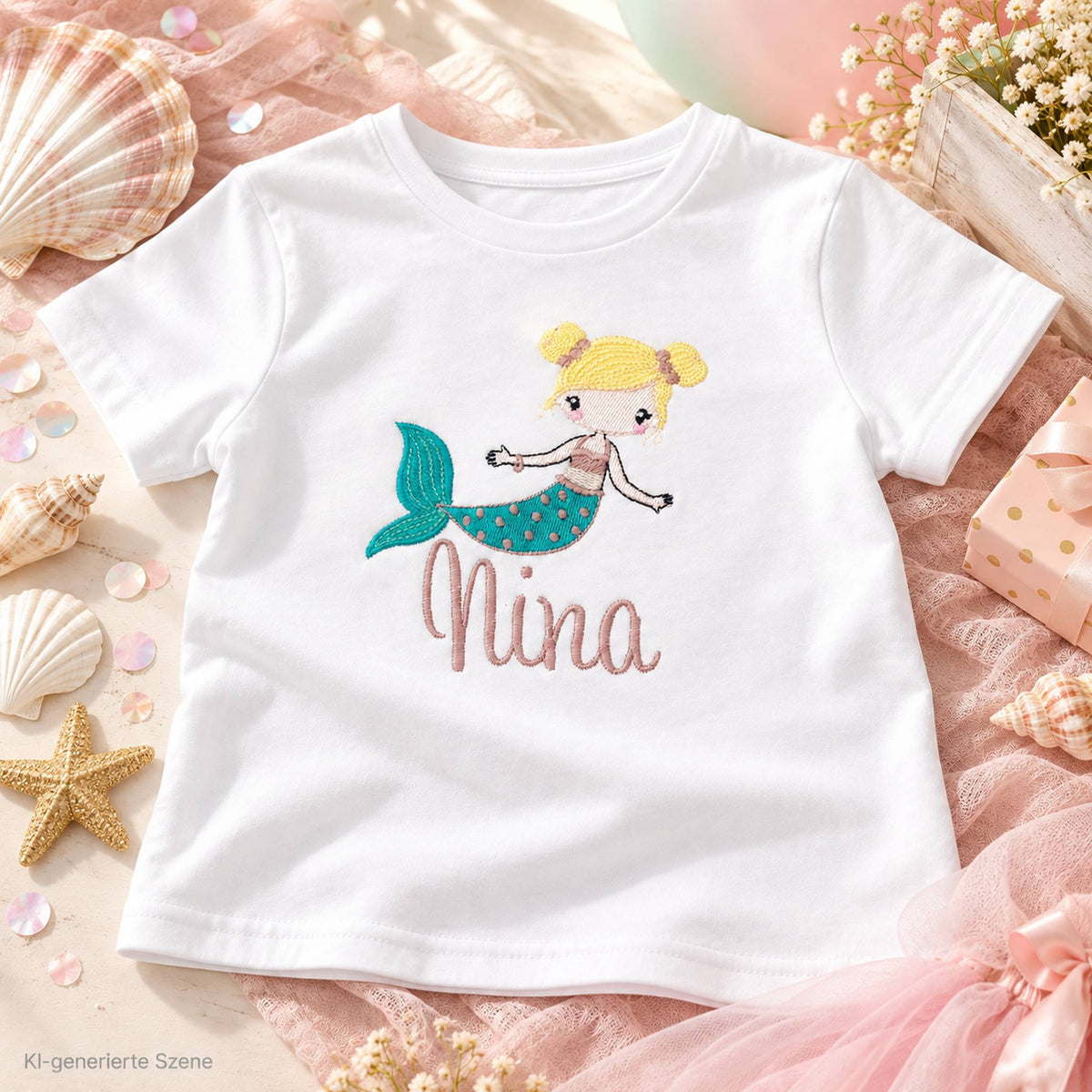 Personalisiertes Meerjungfrau Geburtstagsshirt mit Name Nina in liebevoller maritimer Geschenk-Szene