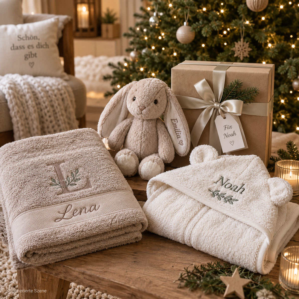 Personalisierte Weihnachtsgeschenke in festlicher Szene mit besticktem Handtuch, besticktem Kapuzenhandtuch, Kuscheltier Hase und Geschenk vor Weihnachtsbaum