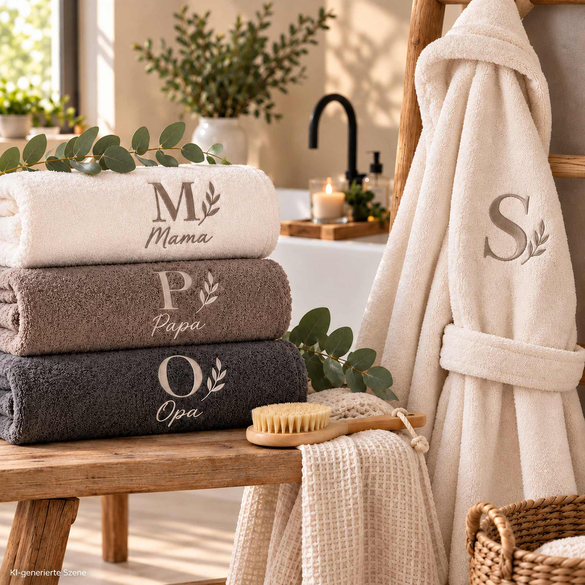 Personalisierte Handtücher und Bademantel für Erwachsene mit Monogramm und Namen im modernen Badezimmer