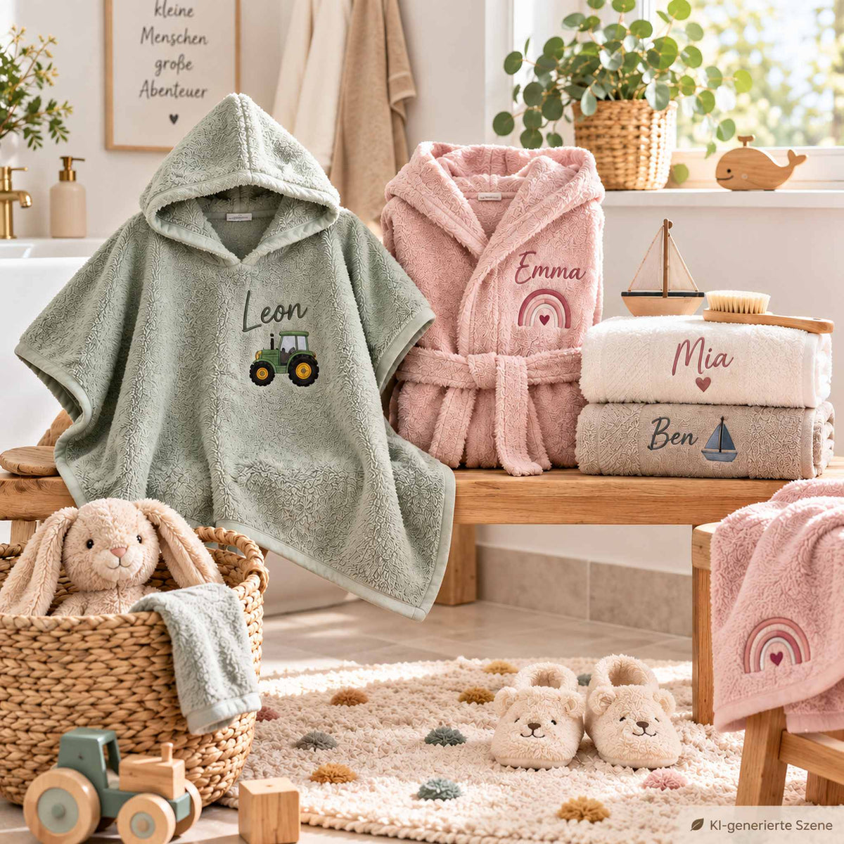 Personalisierte Badeponchos, Kinderbademantel und Kapuzenbadetücher mit Namen für Kinder in einem hellen Badezimmer