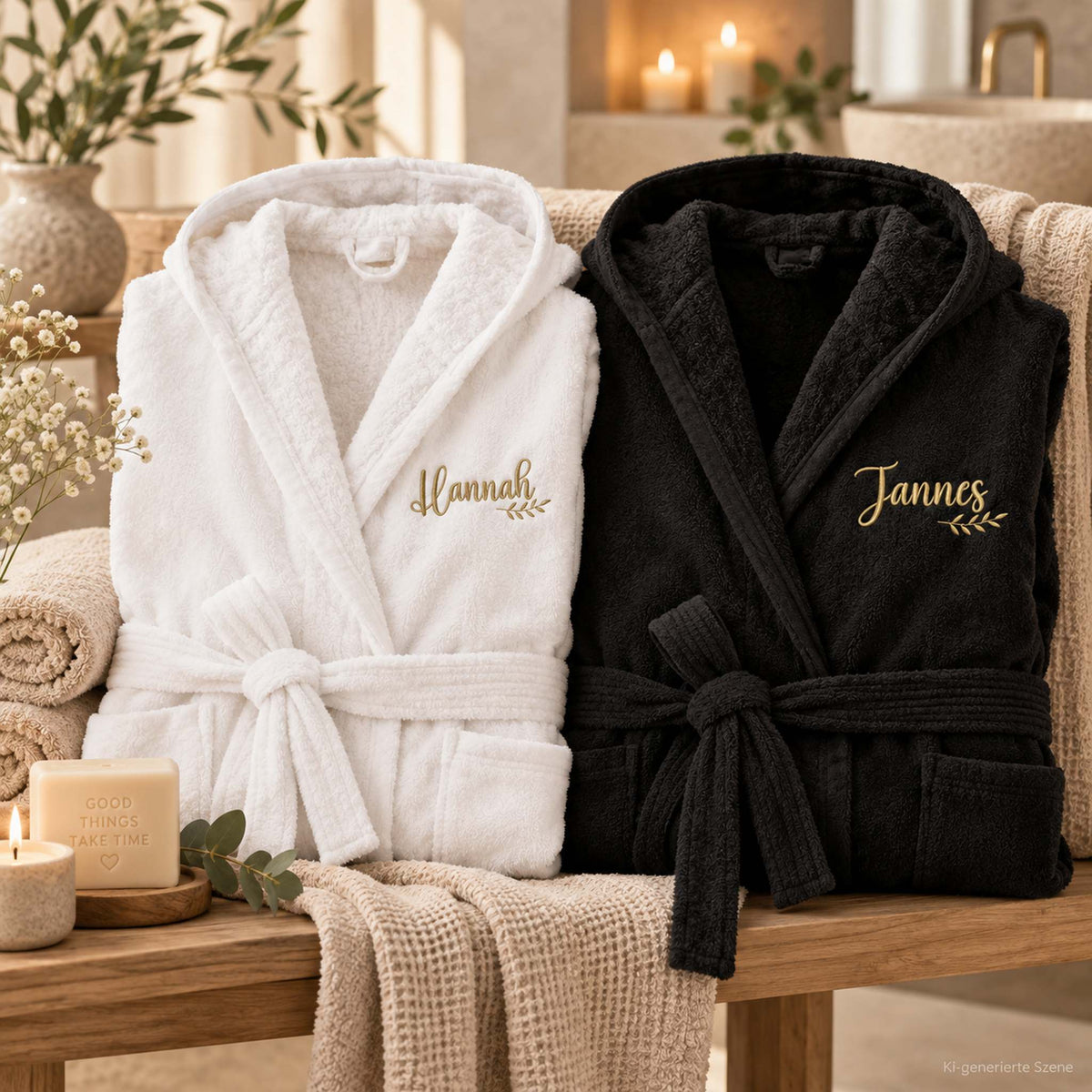 Personalisierte Bademäntel für Paare in Weiß und Schwarz mit den Namen Hannah und Jannes in einer Wellnessszene
