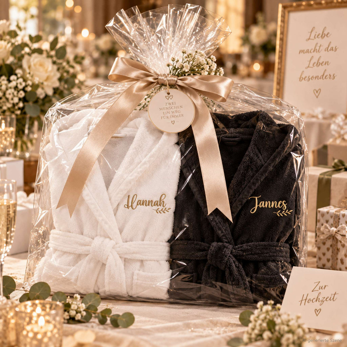 Personalisierte Bademäntel mit Namen als Hochzeitsgeschenk für das Brautpaar liebevoll verpackt