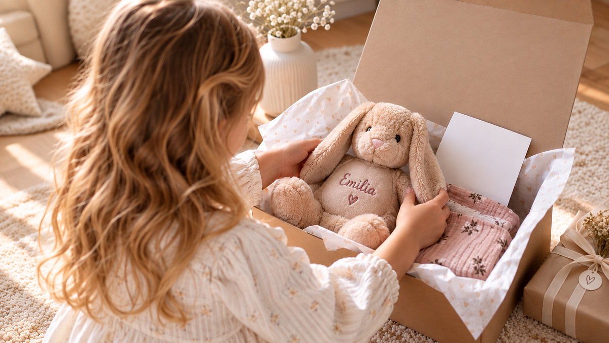     Kind öffnet Geschenkbox mit personalisiertem Kuscheltier und liebevoll verpackten Babygeschenken
