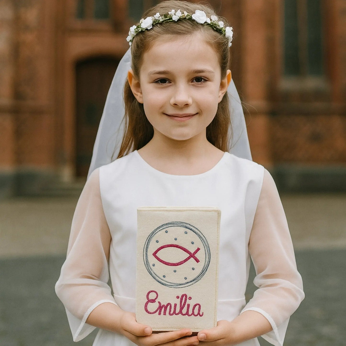 Kommunionkind im Kleid mit einer beigefarbenen Gotteslobhülle in der Hand