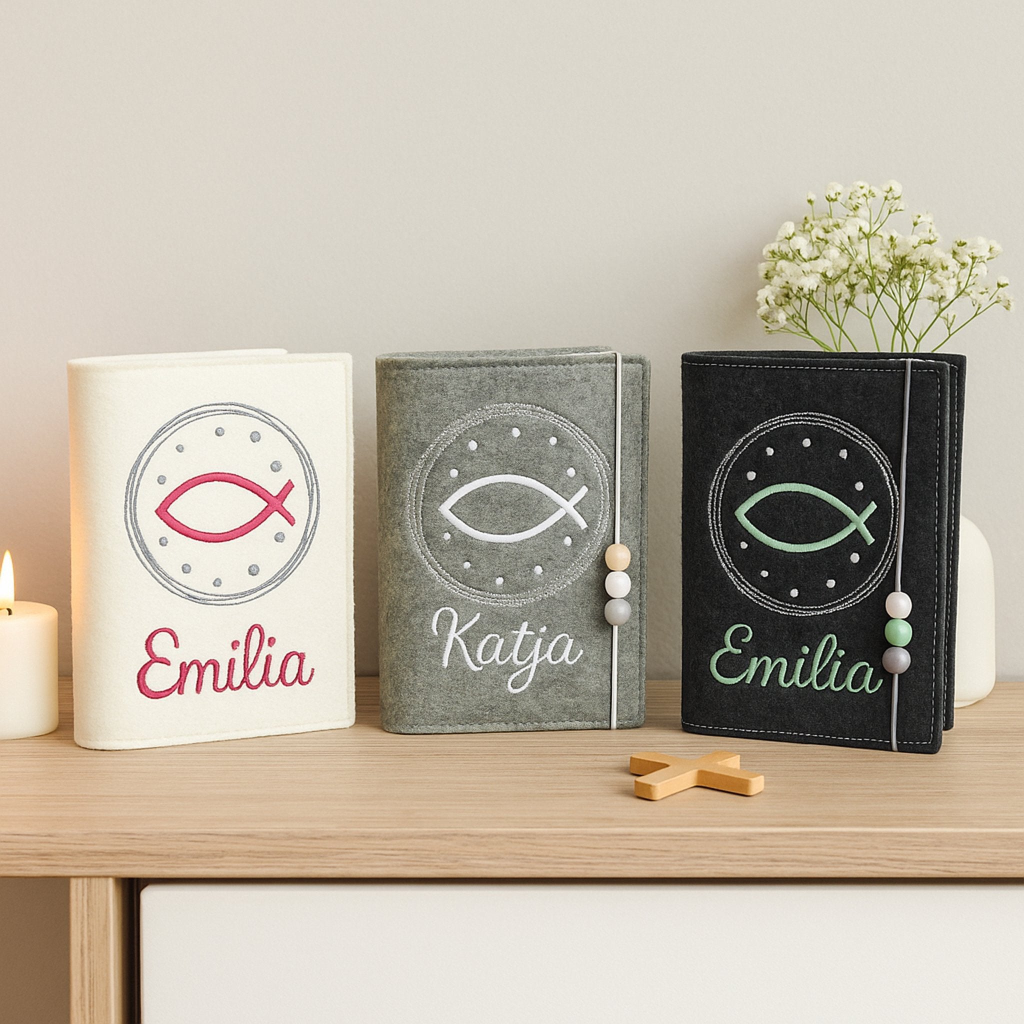 3 Gotteslobhüllen in verschiedenen Farben bestickt aus Filz