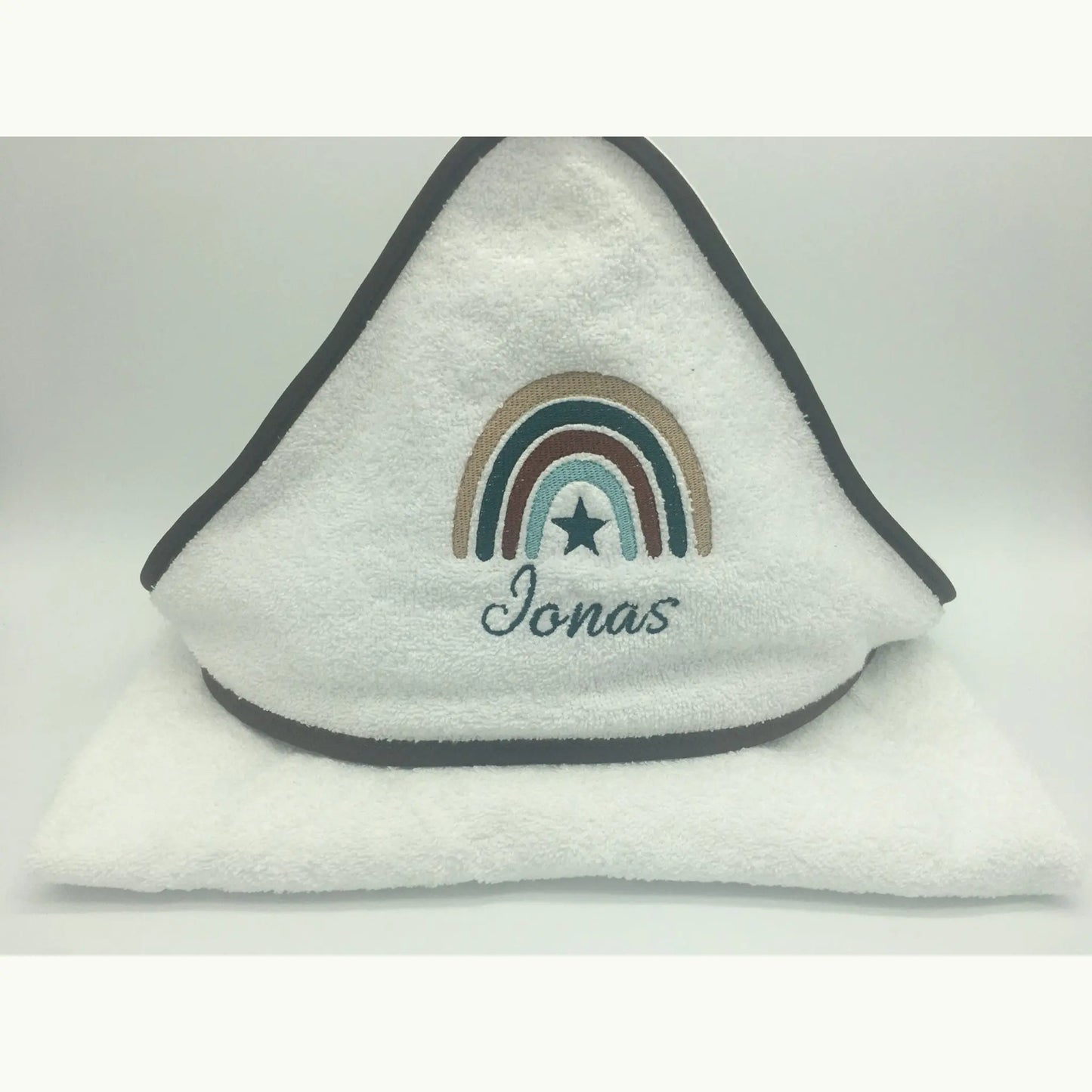 Baby-Kapuzenhandtuch aus 100 % Baumwolle mit Namen bestickt, weich und saugfähig.