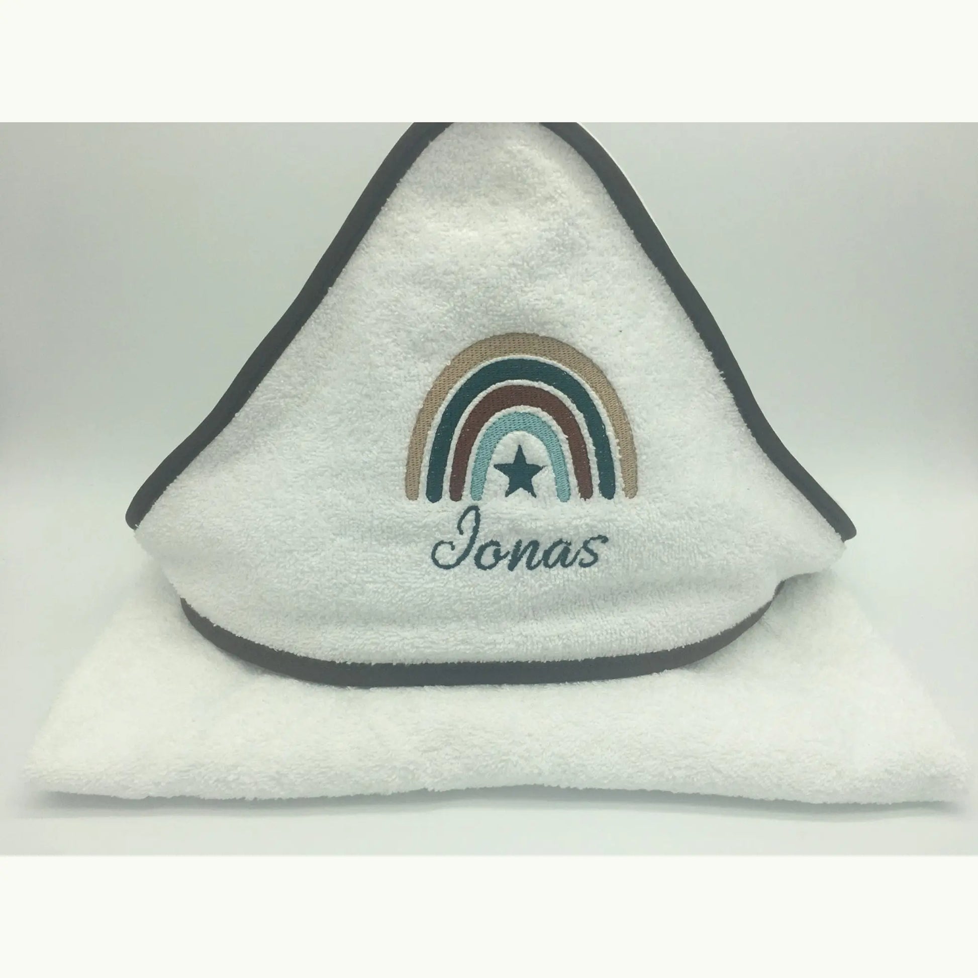 Baby-Kapuzenhandtuch aus 100 % Baumwolle mit Namen bestickt, weich und saugfähig.