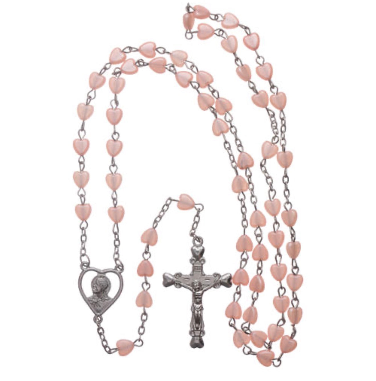 Rosenkranz zur Erstkommunion mit rosa Perlen in Herzform
