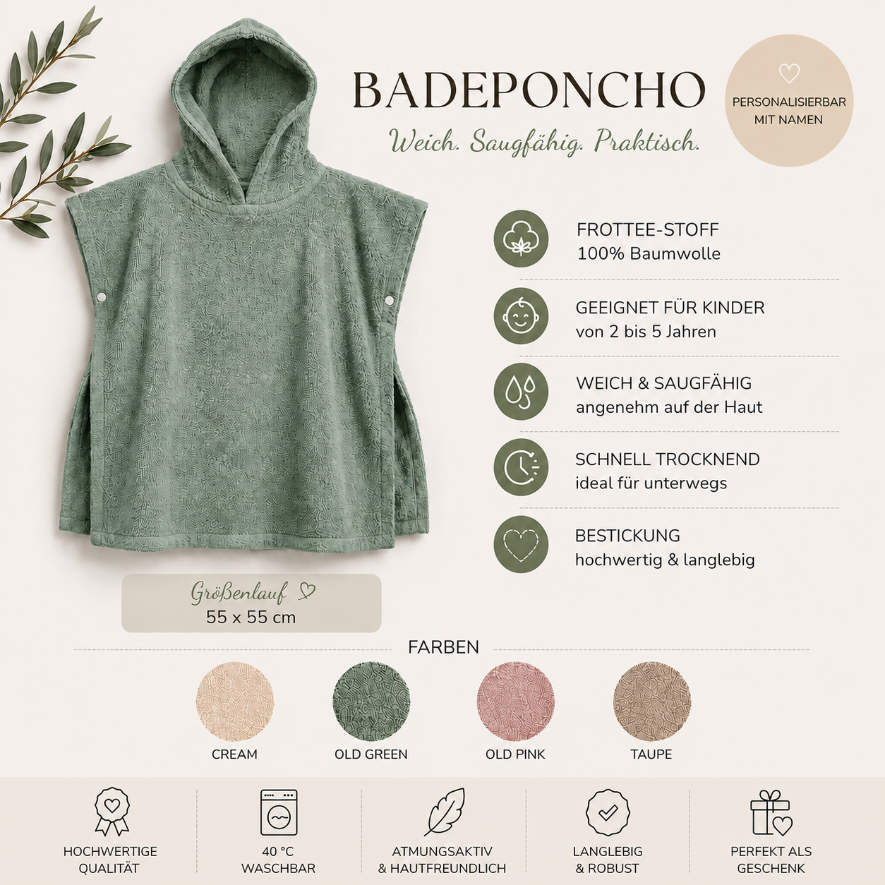 Personalisierter Badeponcho Boho Tiere mit Namen | Bestickt