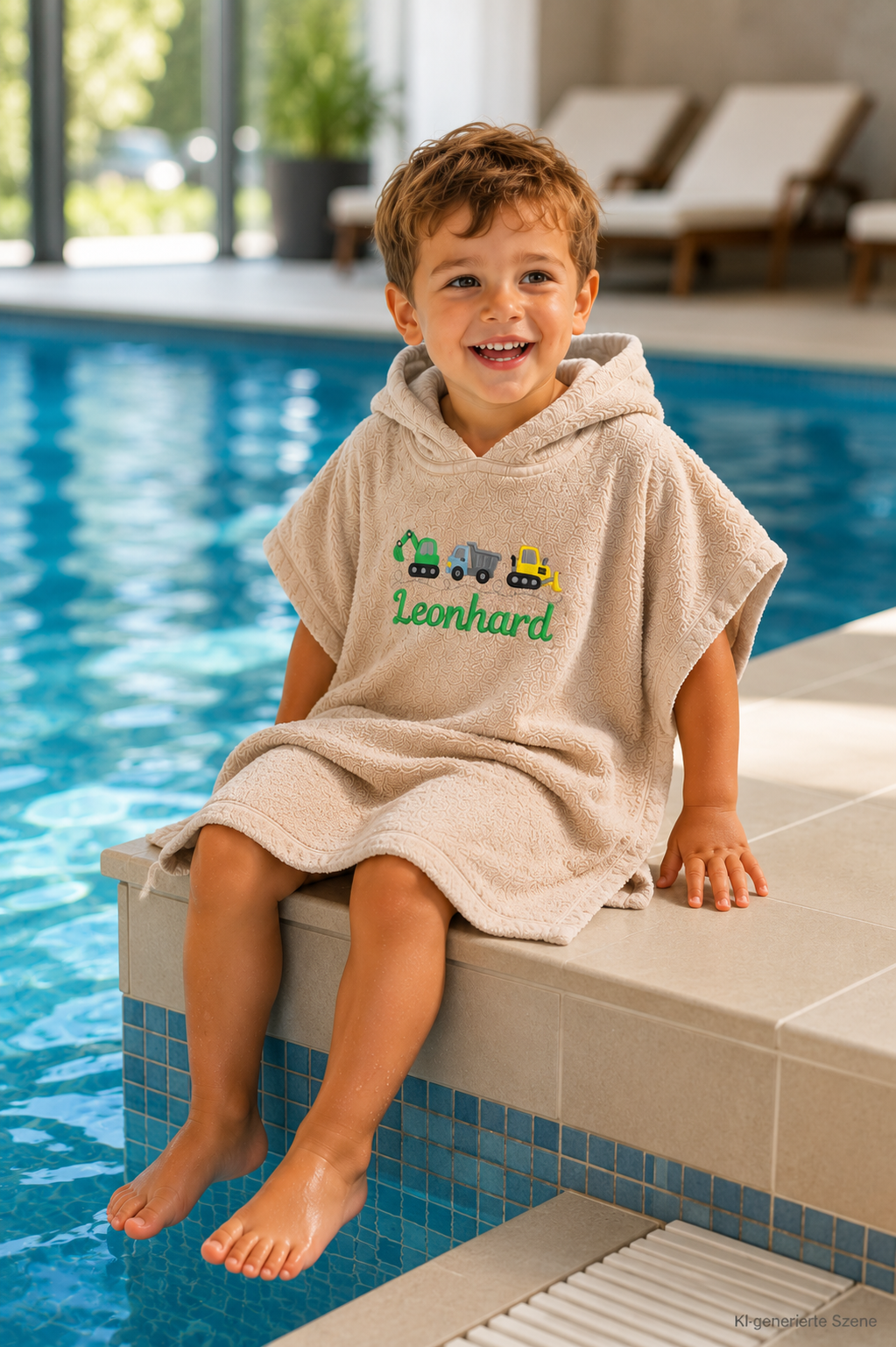 Junge im Schwimmbad mit Badeponcho bestickt mit Baufahrzeugen