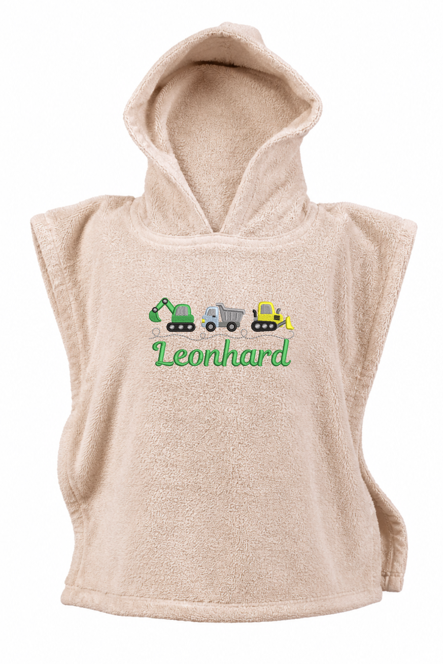 Bestickter Badeponcho mit Baufahrzeugen