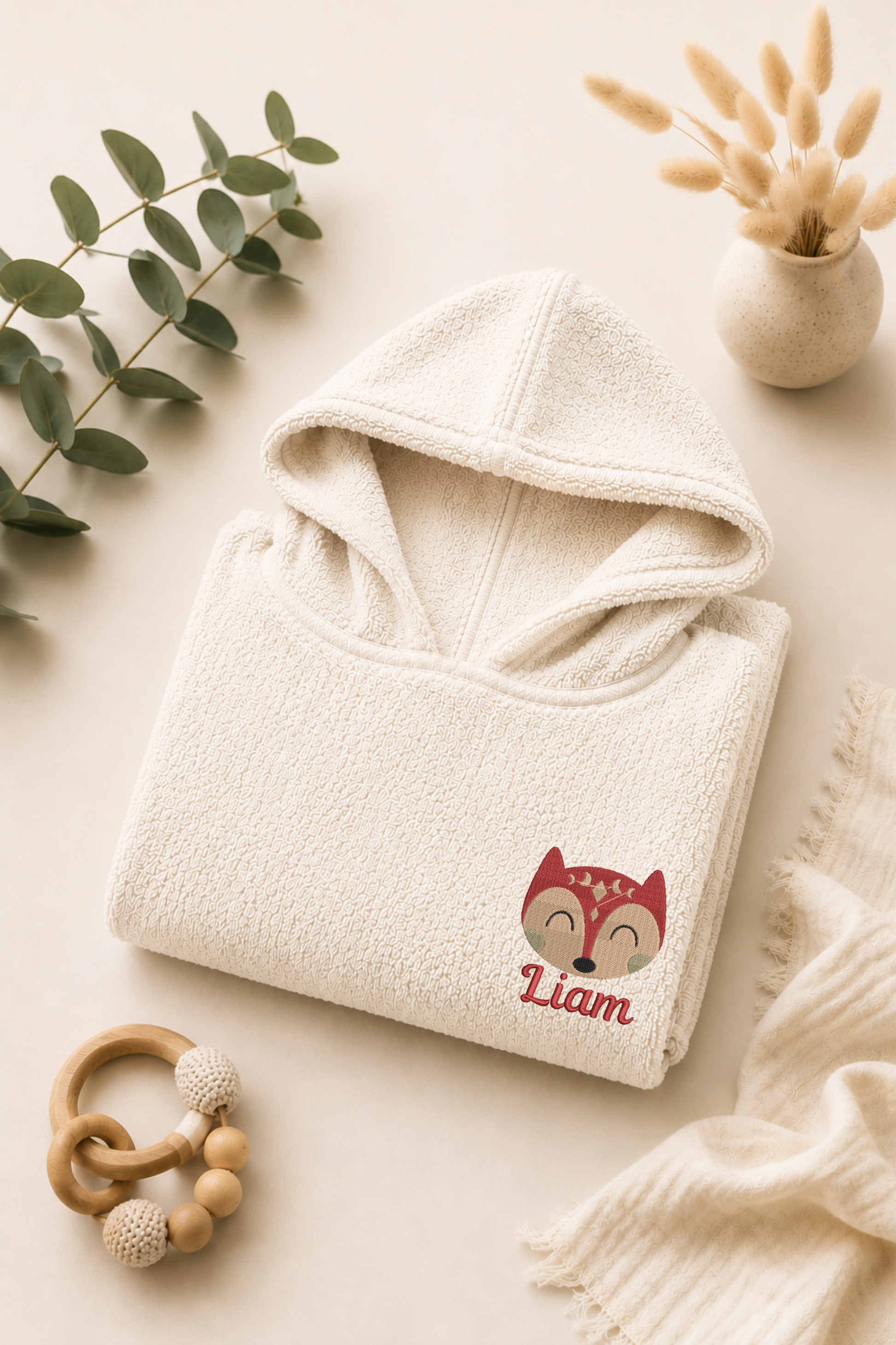 Badeponcho mit Boho Fuchs bestickt und Name