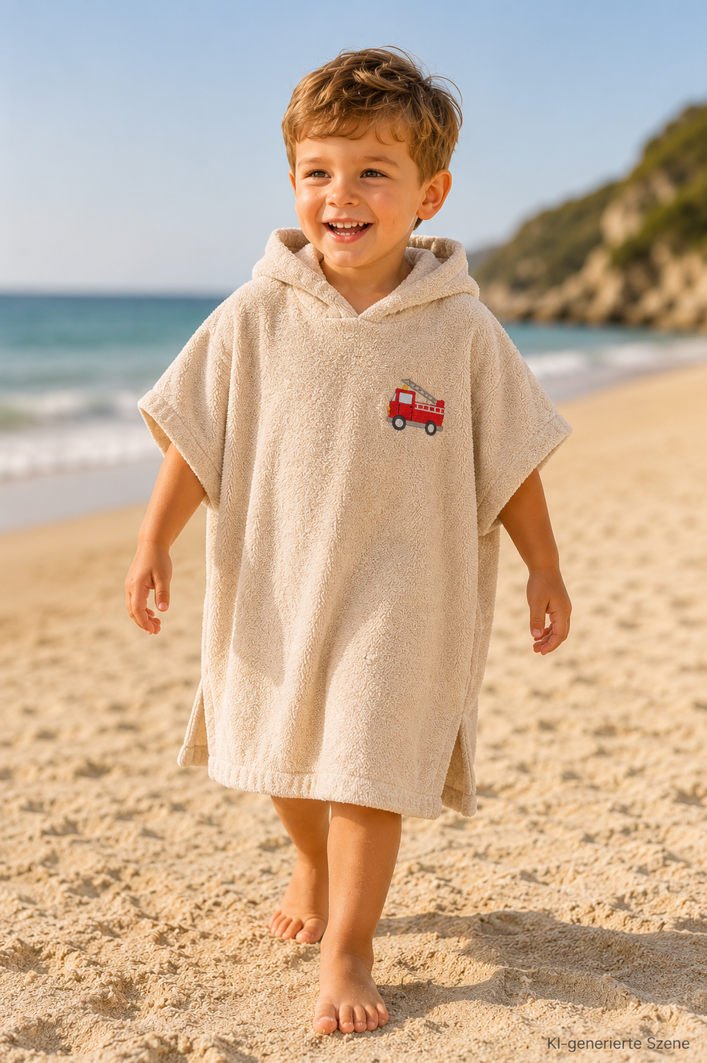Junge am Strand mit Feuerwehr Motiv 