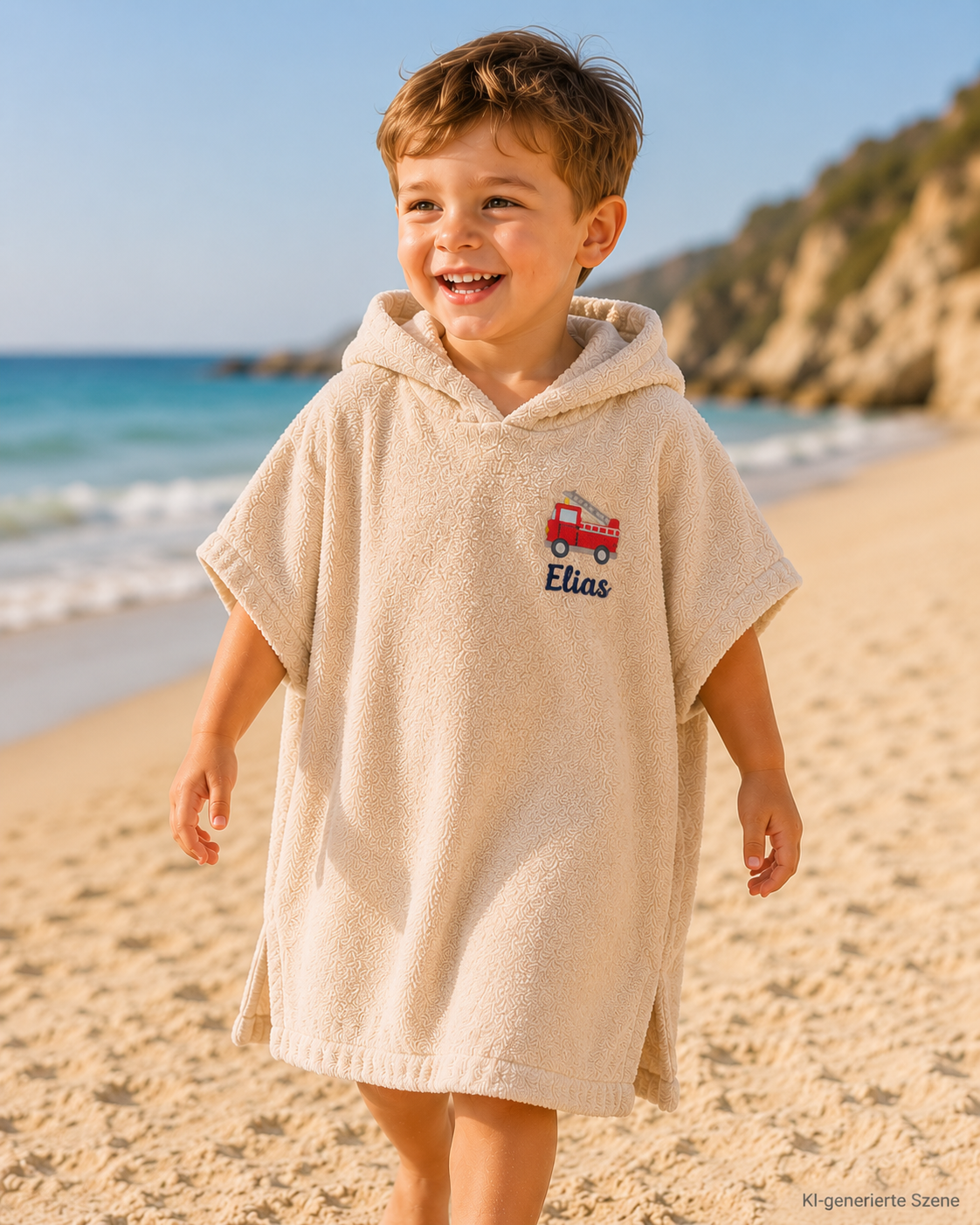 Junge am Strand mit einem Badeponcho mit Feuerwehrauto und personalisiert mit Name