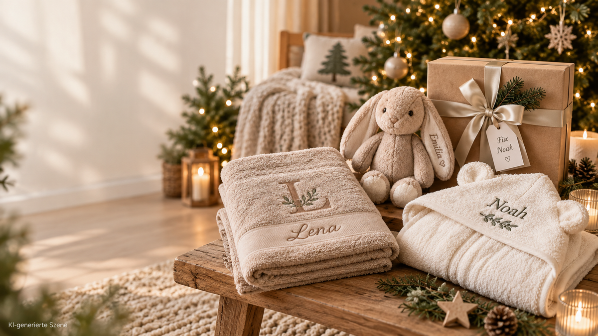 Weihnachtlicher Banner mit personalisierten Geschenkideen: besticktes Handtuch, besticktes Kapuzenhandtuch, Kuscheltier Hase und Geschenkbox vor festlich geschmücktem Weihnachtsbaum