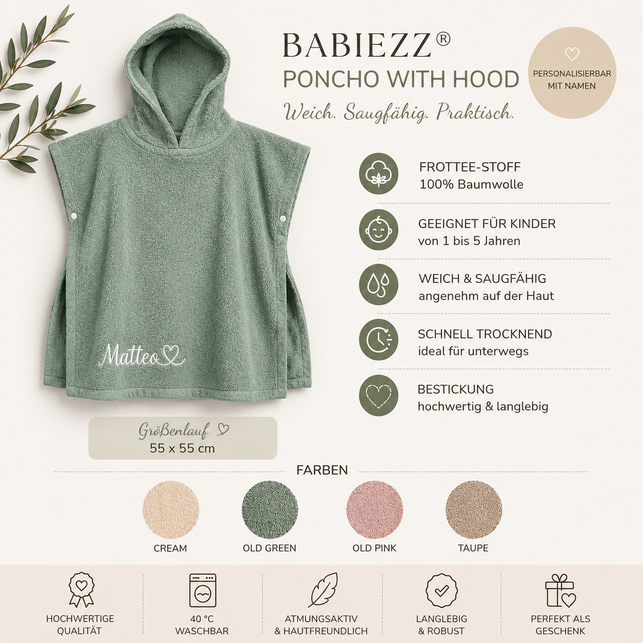 Personalisierter Badeponcho Krokodil mit Namen | bestickt