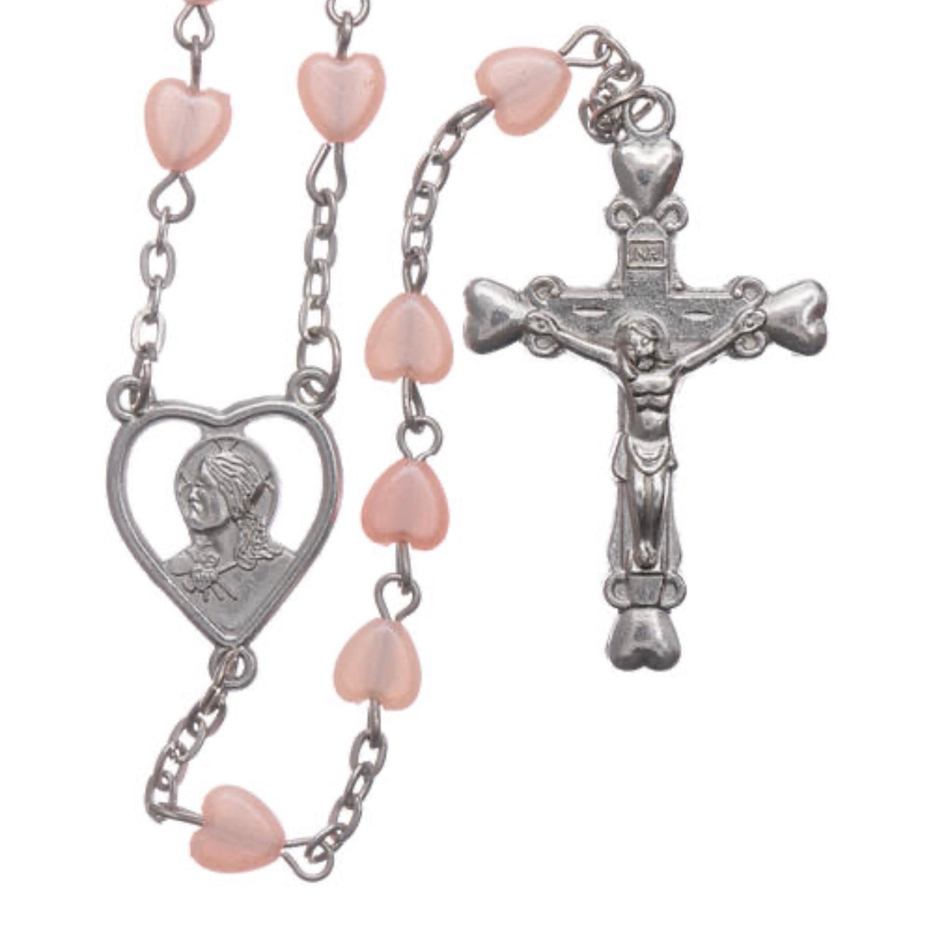 Rosenkranz zur Erstkommunion mit rosa Perlen in Herzform