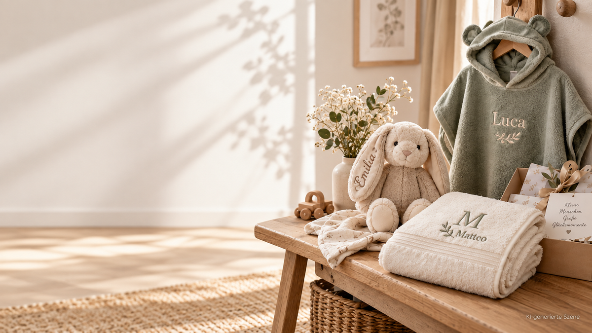     Personalisierte Geschenke mit besticktem Kuscheltier, Badeponcho und Handtuch in heller Geschenk-Szene