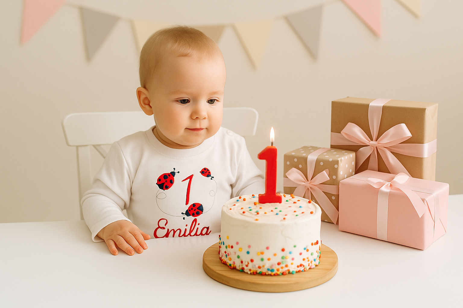 Fröhliches Baby mit Geburtstagsshirt zum 1. Geburtstag