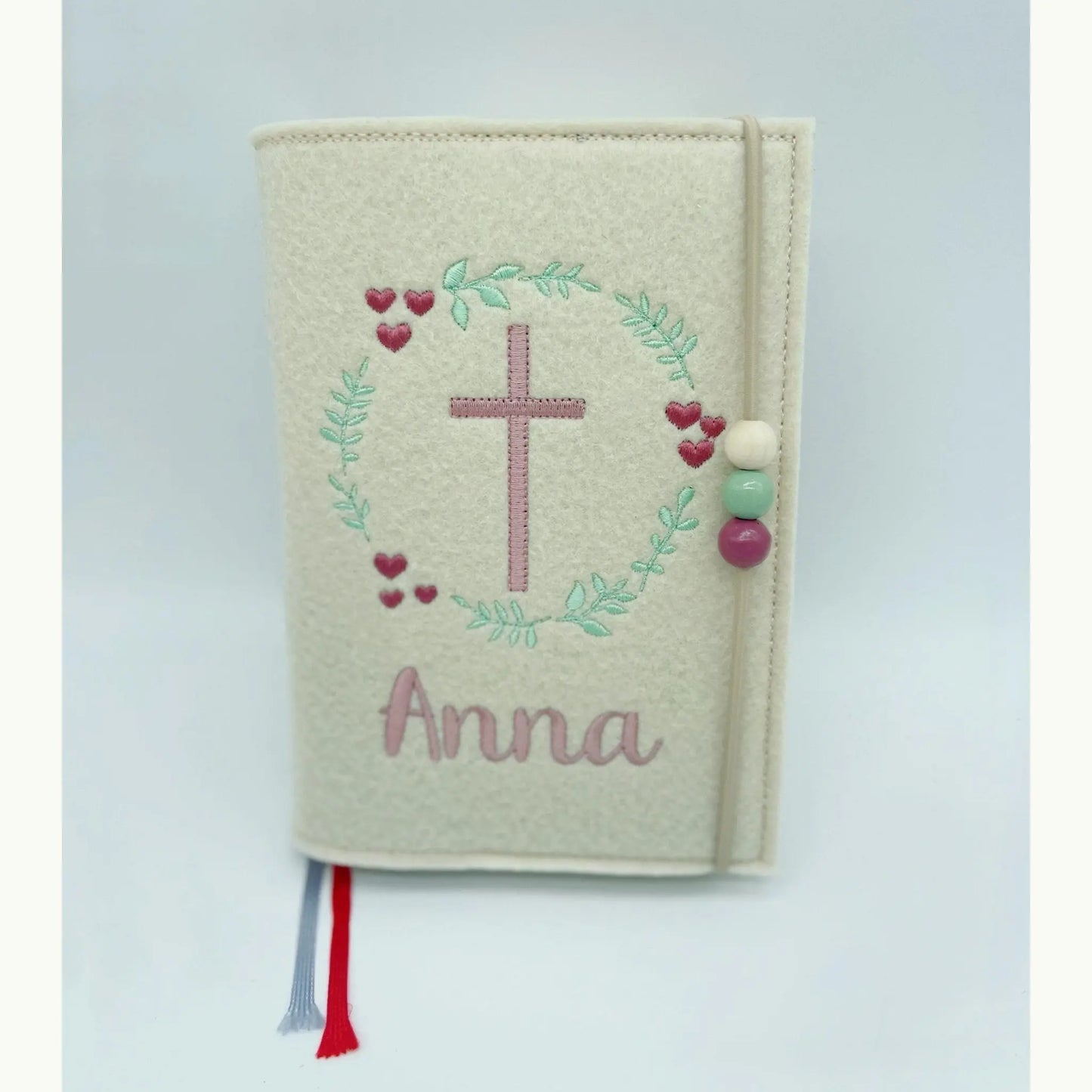 Gotteslobhülle Blumenkranz in creme Stickfarben altrosa/salbei mit Name