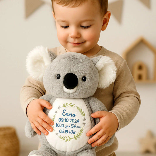Personalisiertes Kuscheltier Koala bestickt mit Blumenkranz, Name und Geburtsdaten