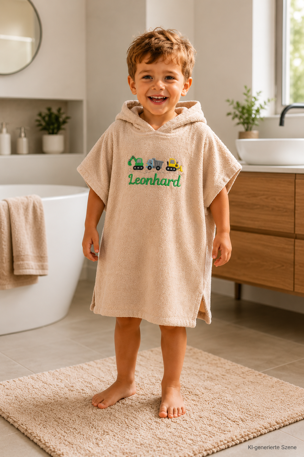 Junge mit Besticktem Badeponcho mit Fahrzeugmotiv