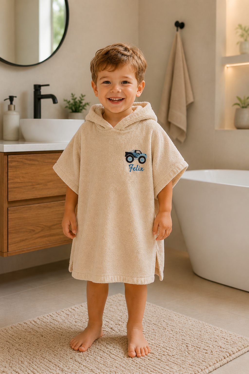 Junge mit perstonalsierten Badeponcho mit Monstertruck