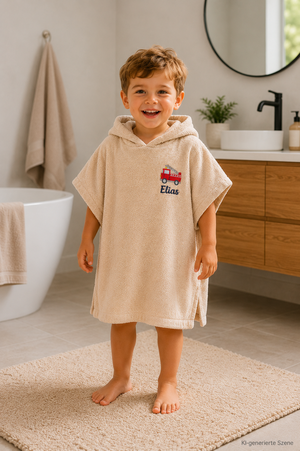Junge im Badezimmer mit kuscheligen und personalisierten Badeponcho 