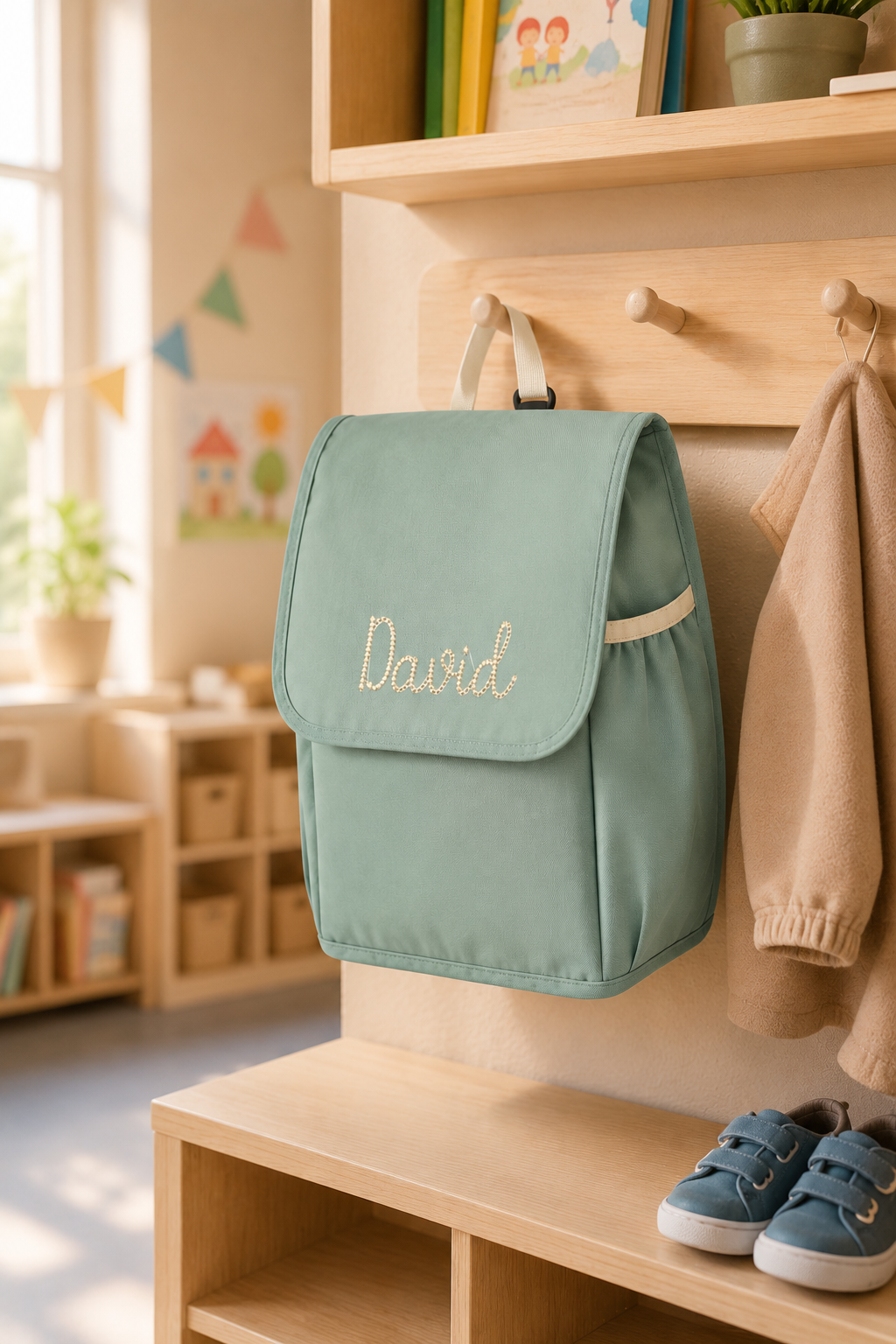 Eine bestickte Kindergartentasche hängt an der Garderobe