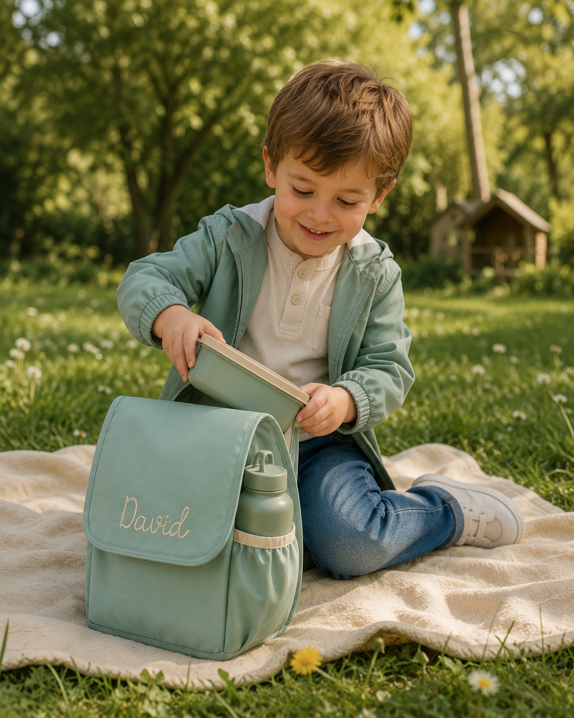 Junge macht Picknick und packt eine Brotdose aus seiner Tasche aus