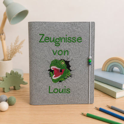 Personalisierte Zeugnismappe Junge mit Namen | Filz Zeugnishülle mit Dinosaurier, Monstertruck oder Fußball | Geschenk Einschulung