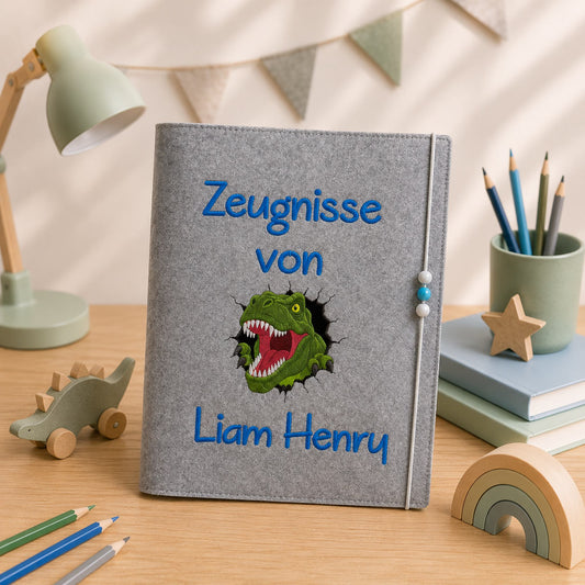 Personalisierte Zeugnismappe Junge mit Namen | Filz Zeugnishülle mit Dinosaurier, Monstertruck oder Fußball | Geschenk Einschulung