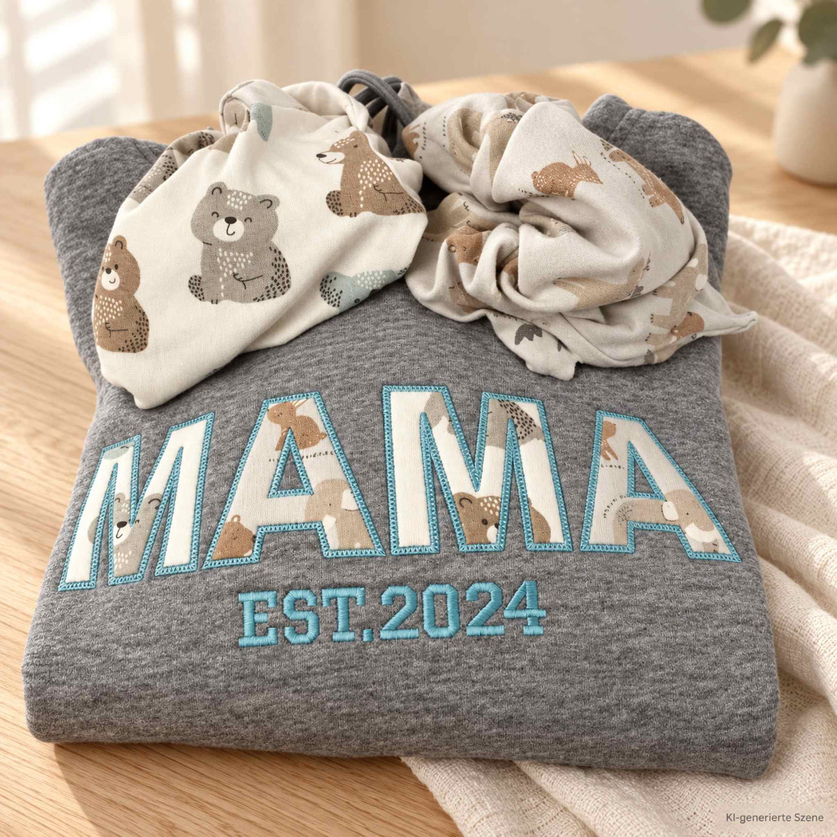 Grauer MAMA-Erinnerungspulli mit Applikation aus gemusterter Babykleidung, türkisfarbener Stickerei und „EST. 2024“, zusammen mit den passenden Babysachen auf einem hellen Holztisch.