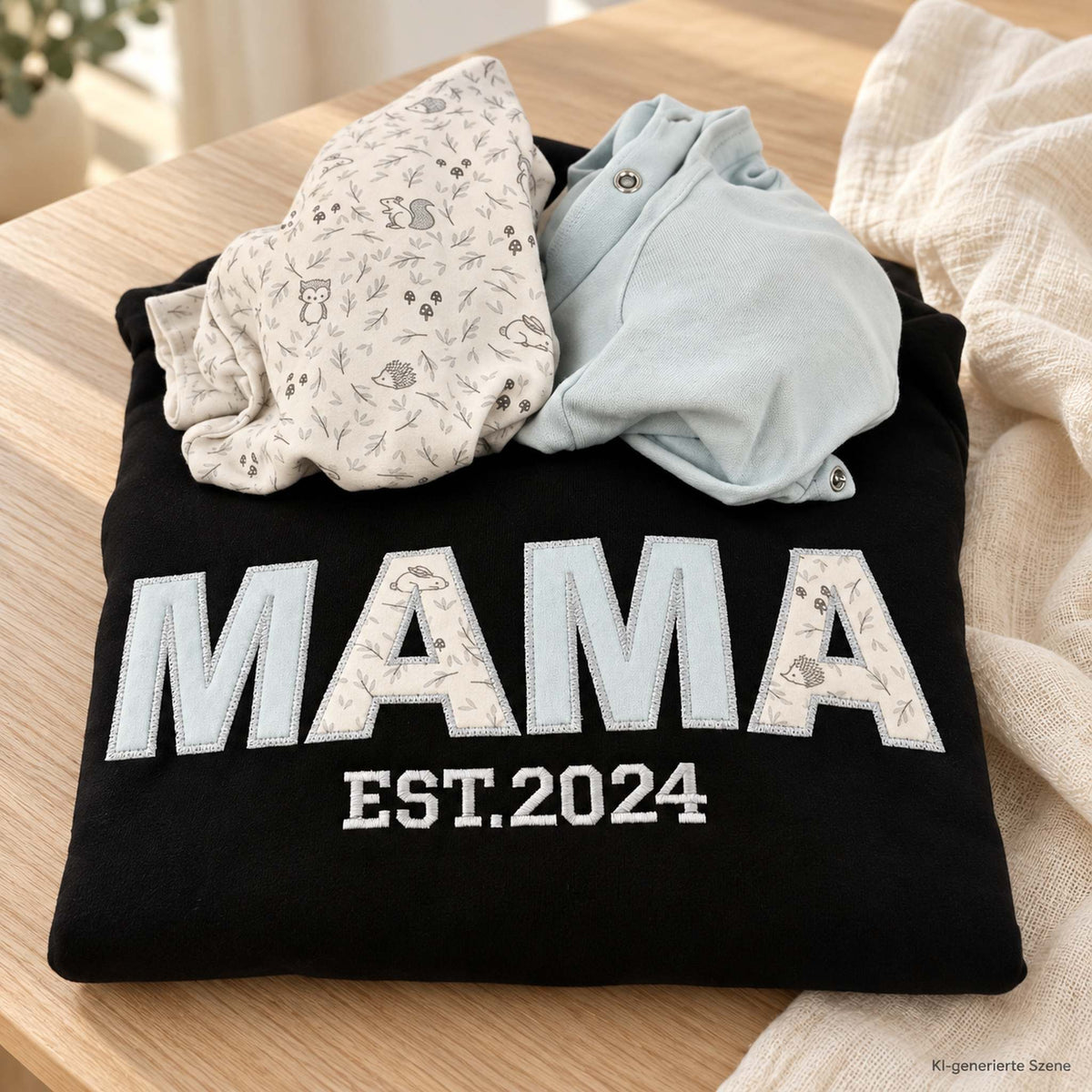 Schwarzer MAMA-Erinnerungspulli mit hellblauen Stoffbuchstaben, Waldtiermotiven und weißer Stickerei „EST. 2024“, zusammen mit passender Babykleidung auf hellem Holz.