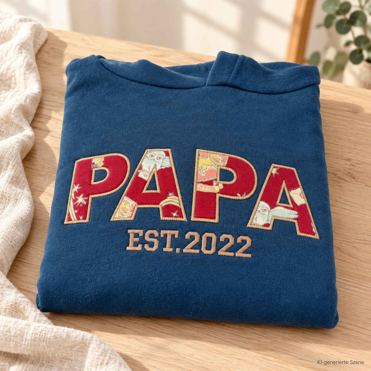Blauer PAPA-Erinnerungspulli mit roter Stoffapplikation aus Babykleidung und beigefarbener Stickerei „EST. 2022“ auf einem hellen Holztisch.