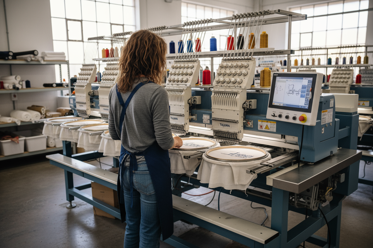 Eine Frau steht vor der Mehrnadelmaschine und stickt