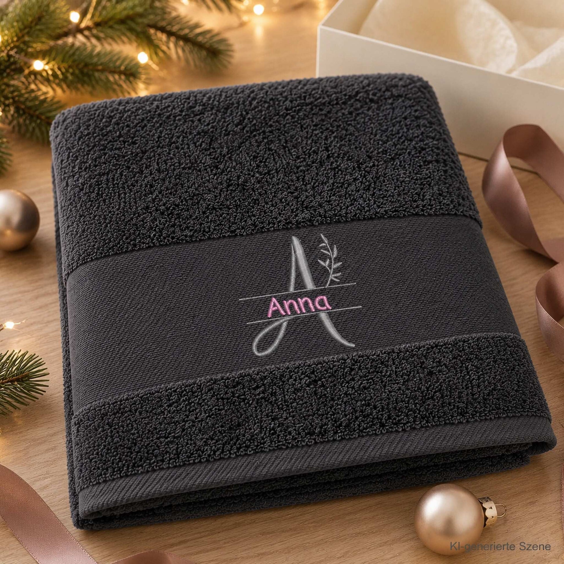 Personalisiertes Handtuch in Anthrazit mit Monogramm A, Blattmotiv und Name Anna bestickt