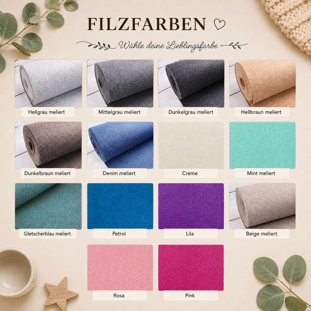 Filzfarben zur Auswahl für die personalisierte Fulzhülle – erhältlich in Hellgrau, Mittelgrau, Dunkelgrau, Beige, Creme, Rosa, Pink, Petrol, Denim und weiteren Farben.