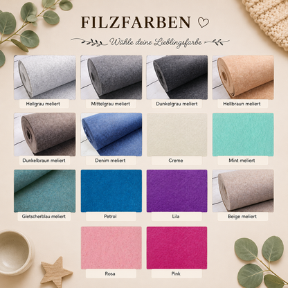 Filzfarben zur Auswahl für die personalisierte Fulzhülle – erhältlich in Hellgrau, Mittelgrau, Dunkelgrau, Beige, Creme, Rosa, Pink, Petrol, Denim und weiteren Farben.