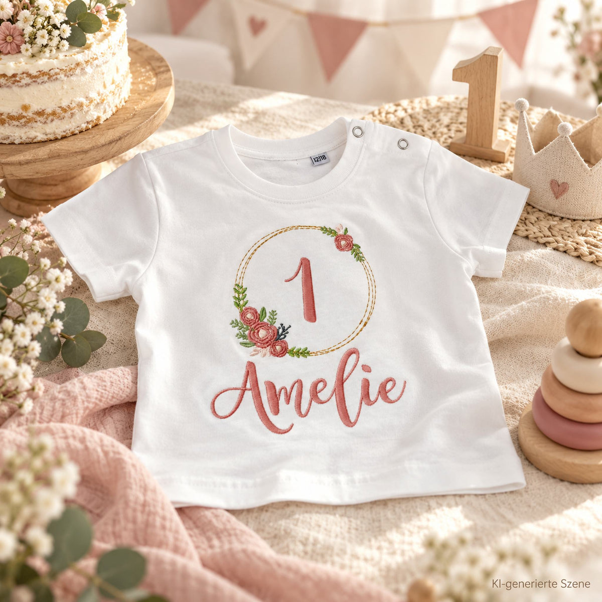 Personalisiertes Geburtstagsshirt mit Blumenkranz, Zahl 1 und Name Amelie in einer liebevollen Dekoration zum ersten Geburtstag.