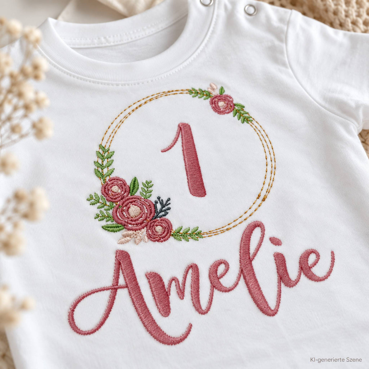 Detailaufnahme der Stickerei mit rosa Blumenkranz, Zahl 1 und Name Amelie auf einem weißen Geburtstagsshirt.