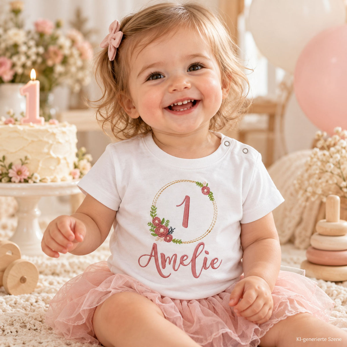 Einjähriges Mädchen trägt weißes Geburtstagsshirt mit rosa Blumenkranz, Zahl 1 und personalisiertem Namen Amelie.