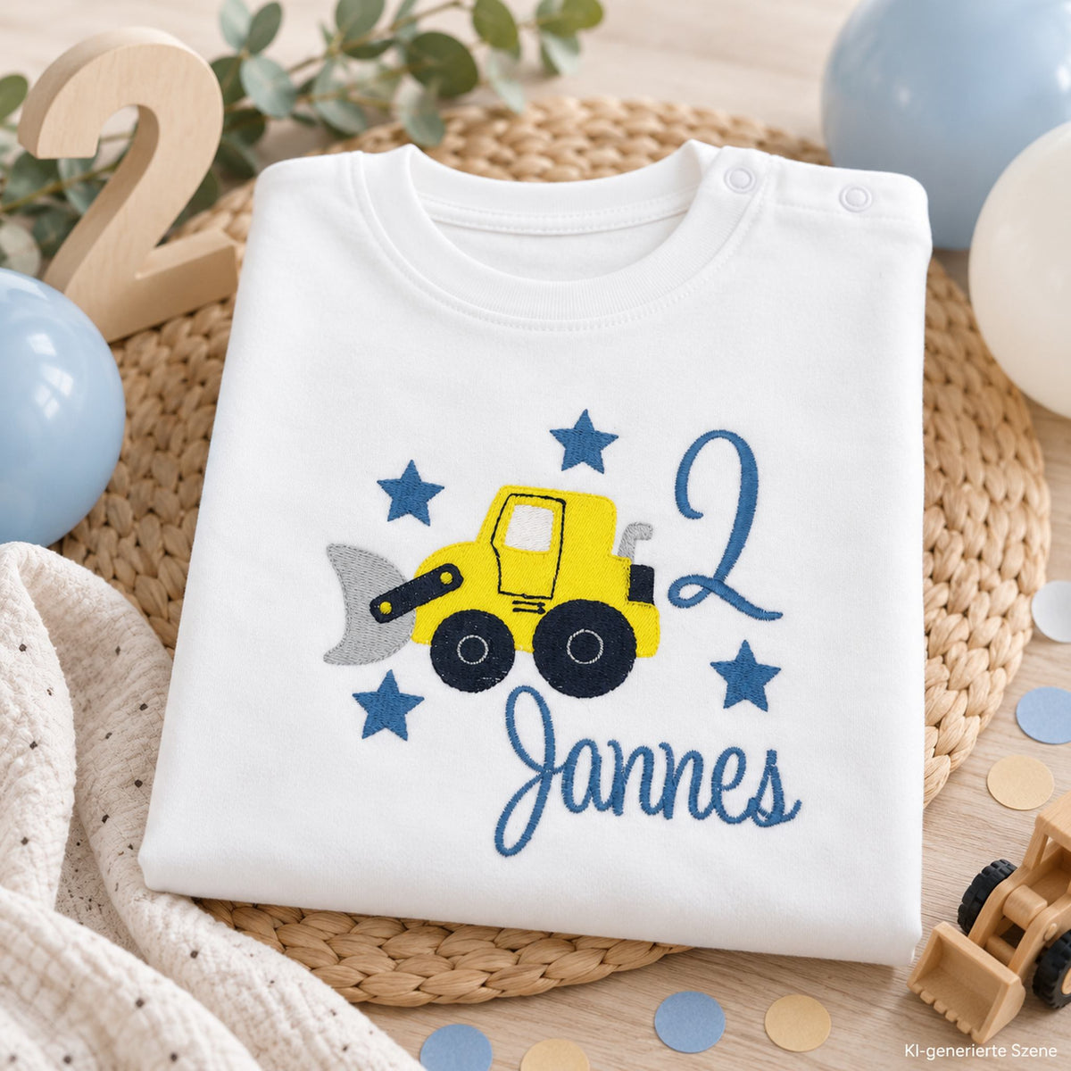 Personalisiertes Geburtstagsshirt zum 2. Geburtstag mit gelbem Bagger, Sternen und Name Jannes