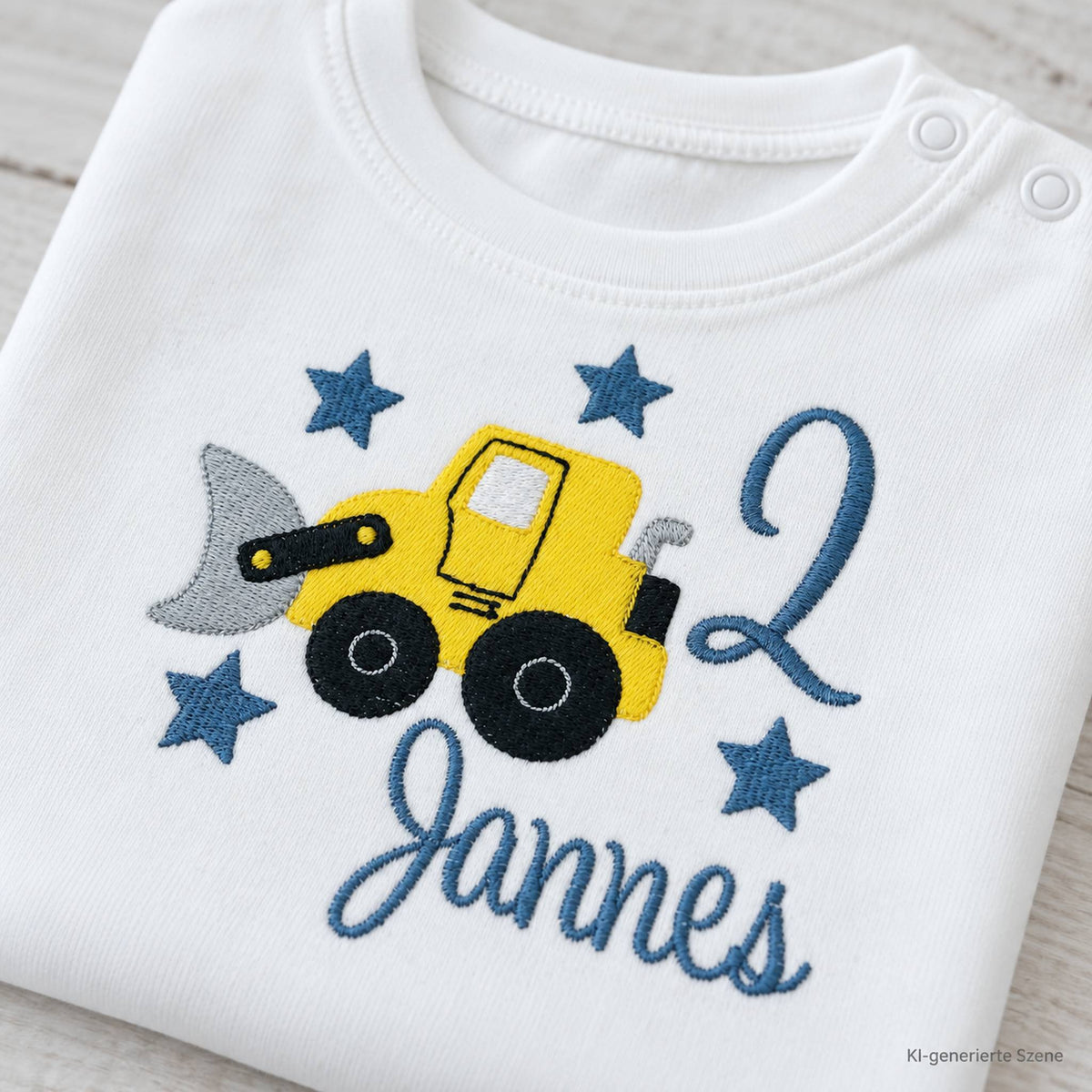 Detailaufnahme der Stickerei mit gelbem Bagger, blauer Zahl 2, Sternen und Name Jannes