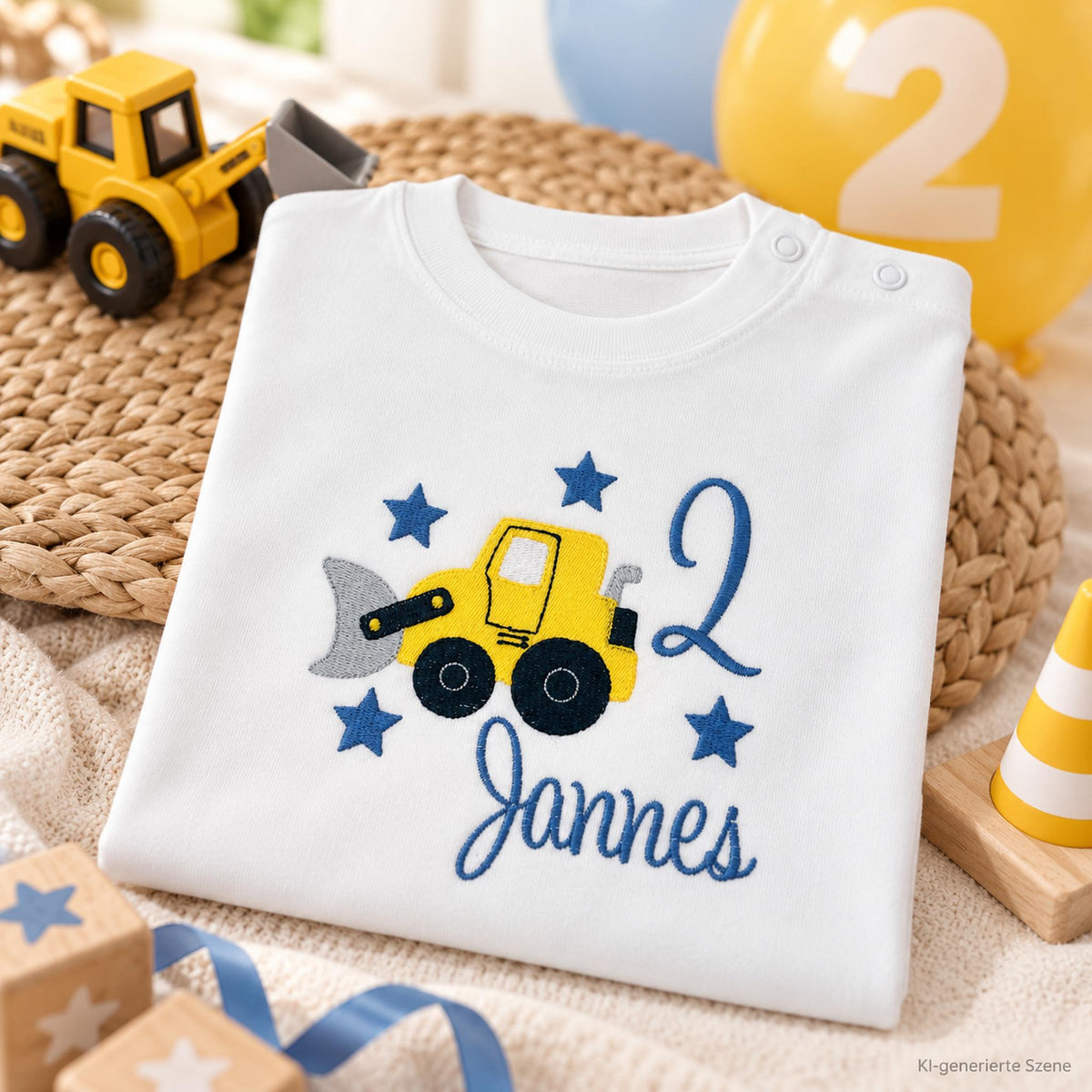 Personalisiertes Bagger Geburtstagsshirt mit Name Jannes und Zahl 2 in passender Geburtstagsdekoration