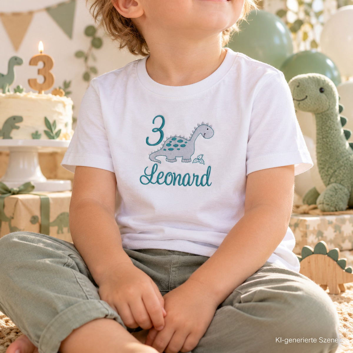 Kind trägt personalisiertes Dino Geburtstagsshirt mit Name Leonard und Zahl 3