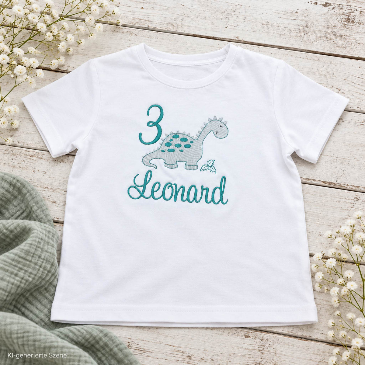 Personalisiertes Dino Geburtstagsshirt für Kinder mit Name Leonard und Zahl 3