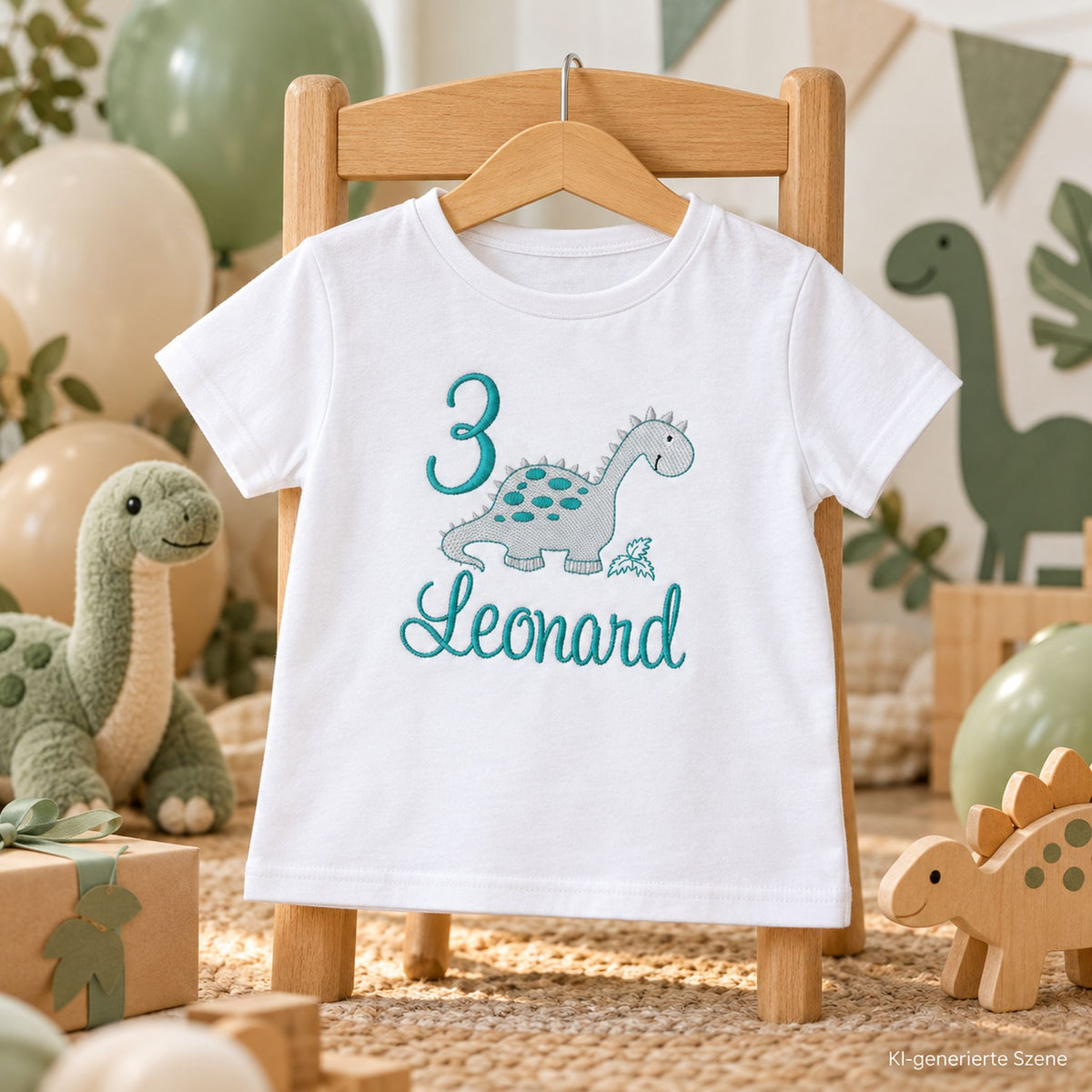 Personalisiertes Dino Geburtstagsshirt mit Name Leonard und Zahl 3 als Geschenk zum Kindergeburtstag